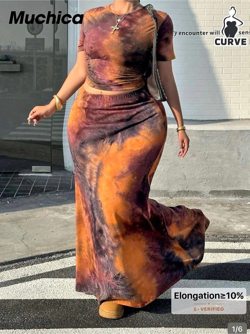 2 piece Tie-Dye Maxi Skirt set in Brown & Orange Like New